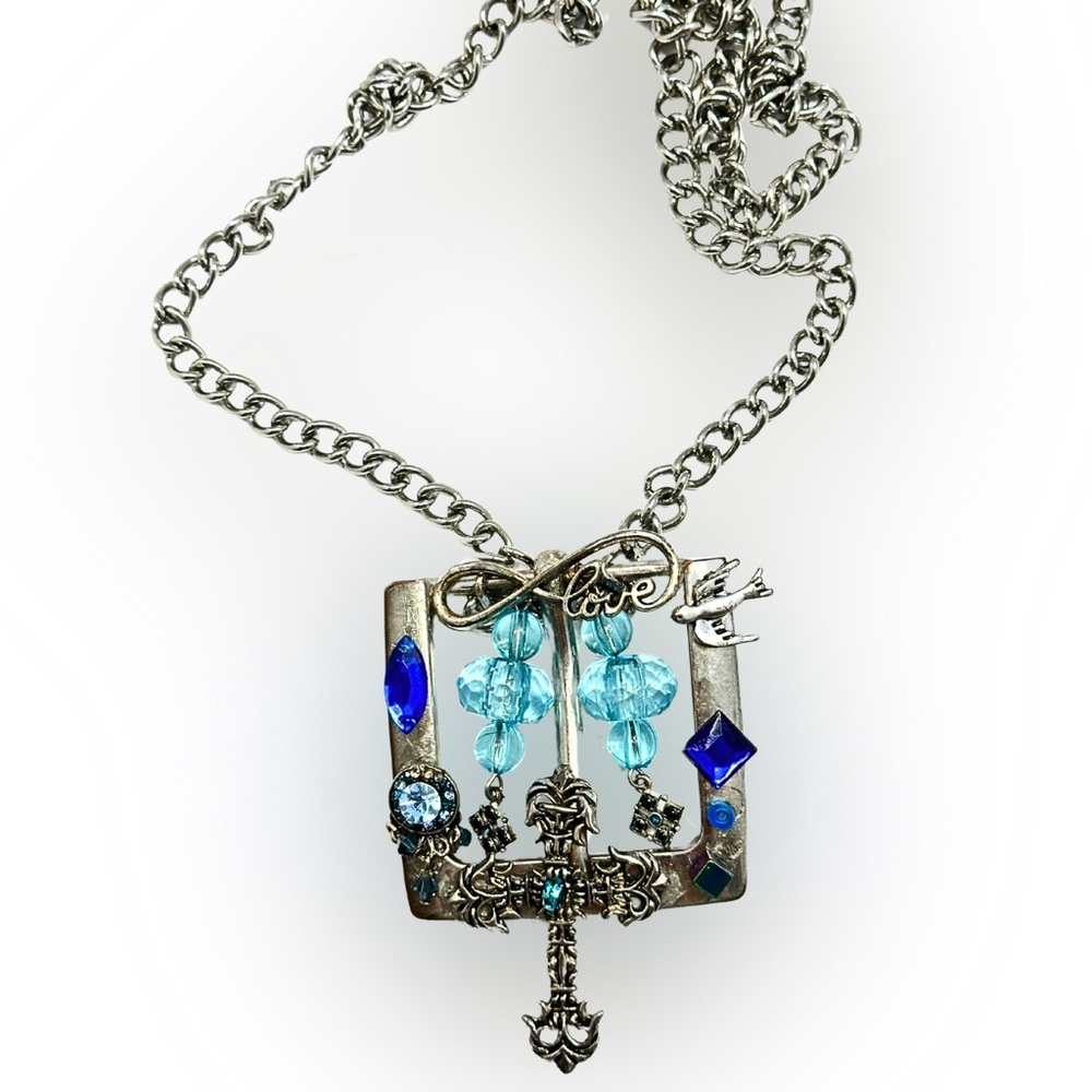 HANDCRAFTED NECKLACE Repurposed Belt Buckle Handmade Blue Beads Silver Chain